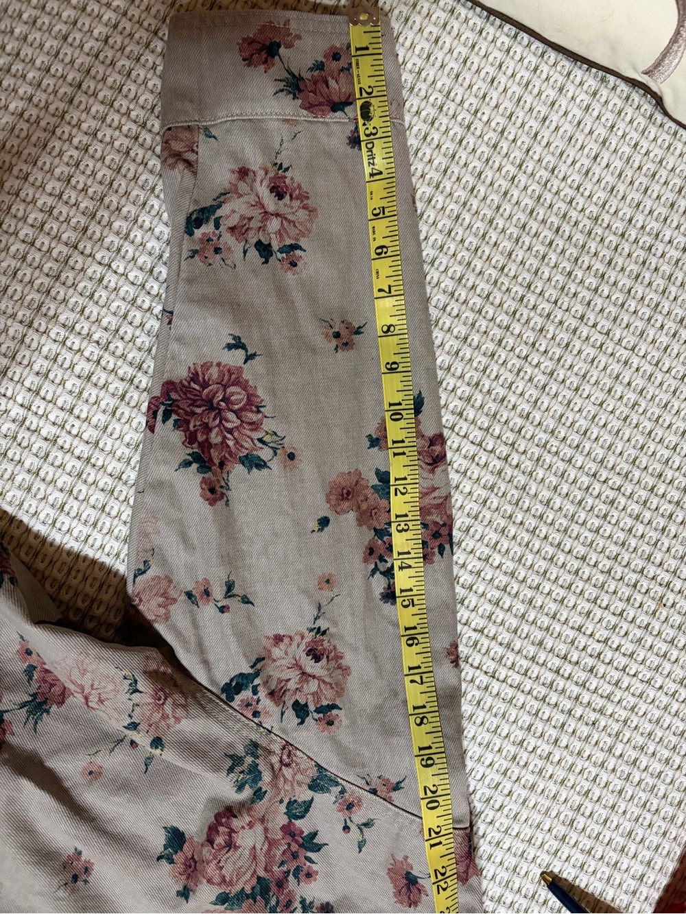 Floral Beige Jean Jacket with Pink Blossoms. 
Slightly oversized. Great for fall - Picture 7 of 11